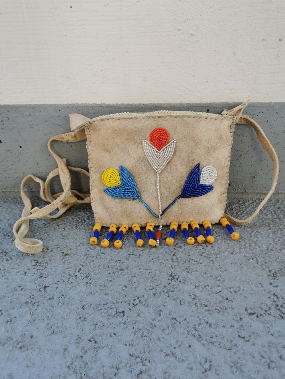 Vintage Indigenous Hand-Beaded Hide Pouch Bag